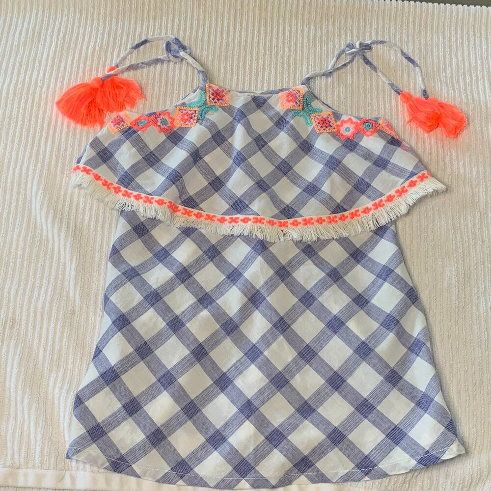 Egg New York Boho Plaid Tassel Dress 2T Embroidered Neon Trim - Picture 2 of 4